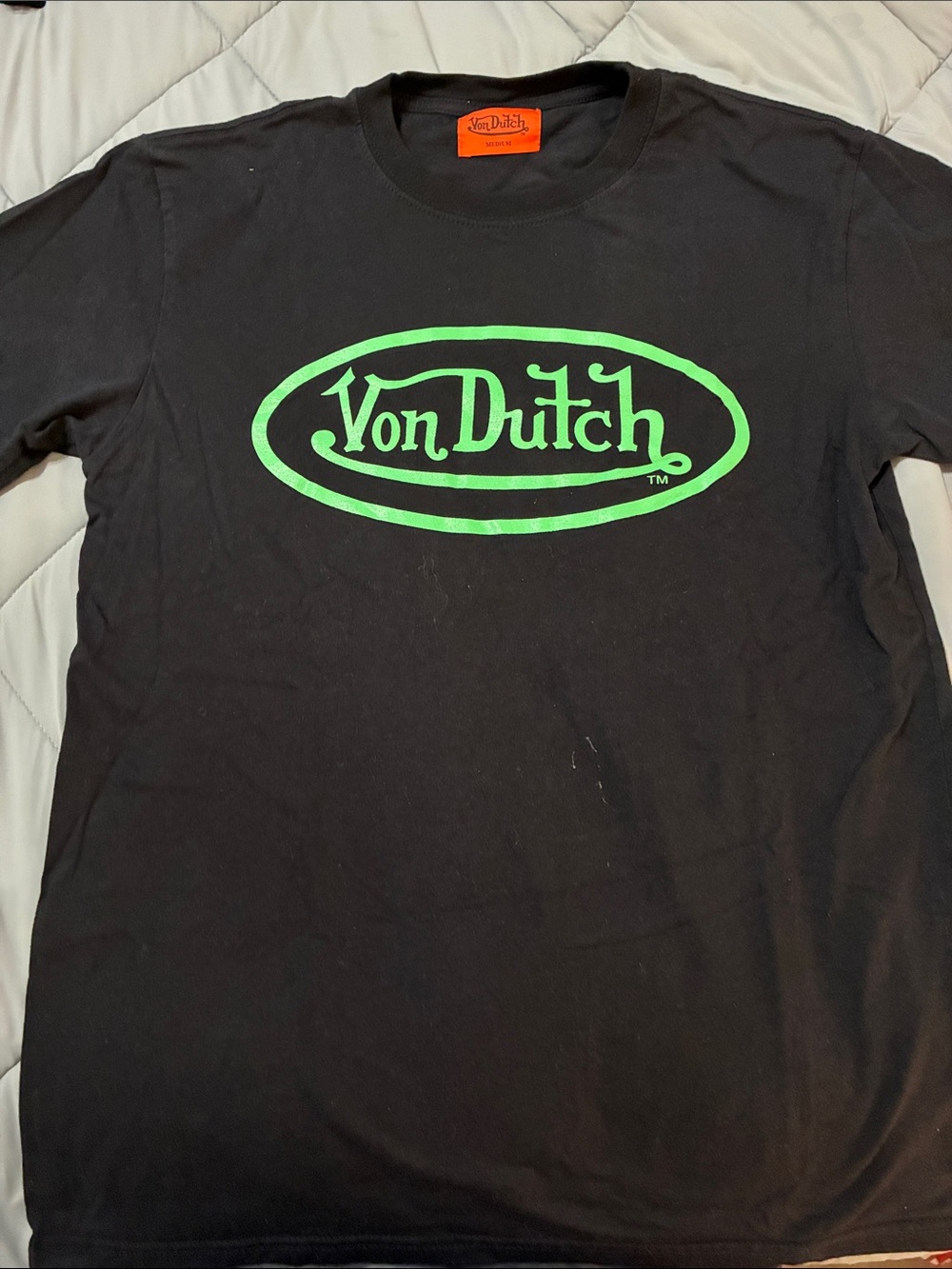 Von Dutch Black Tee with Neon Green Oval Logo